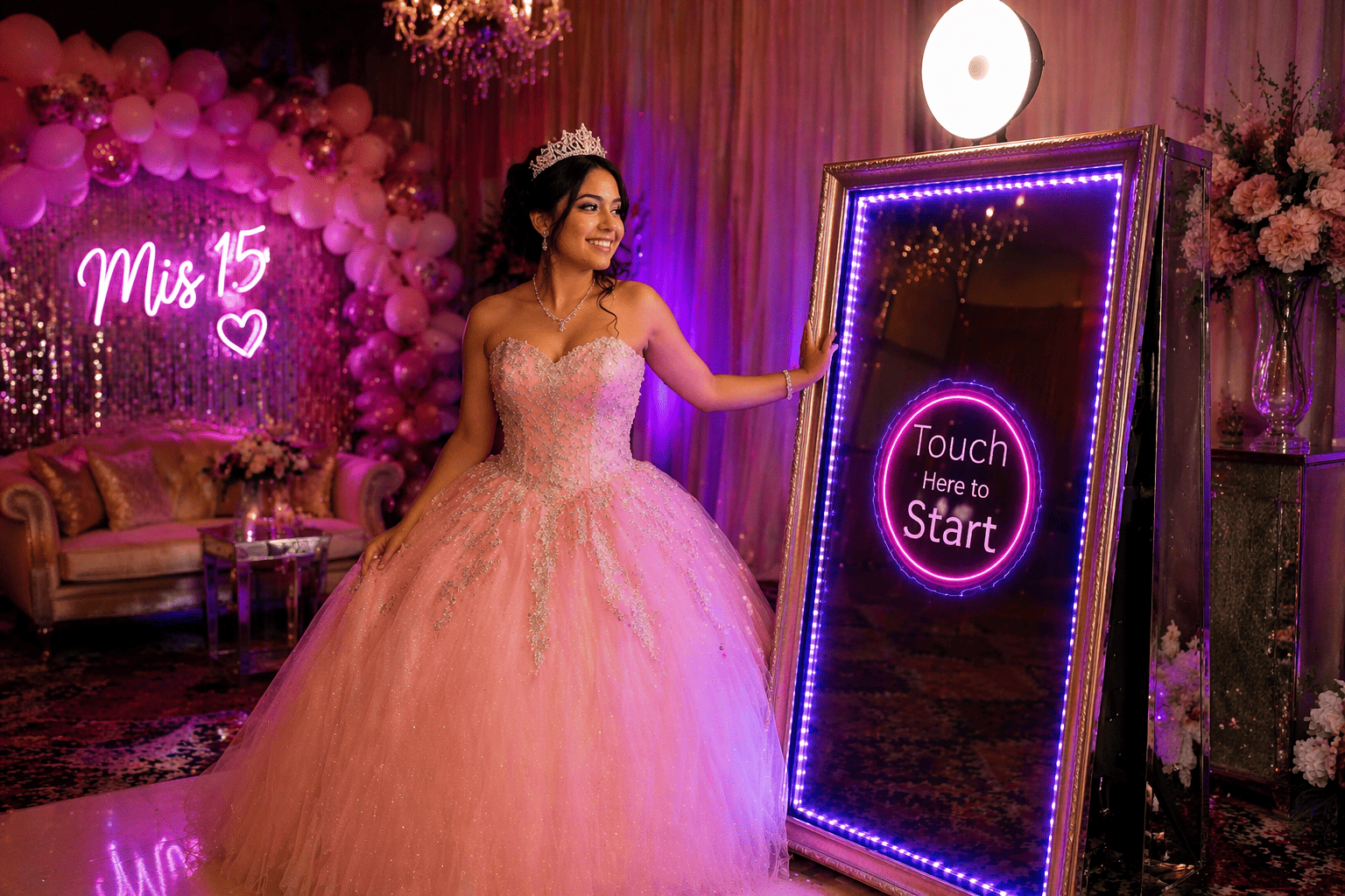 Quinceañera and Sweet 16 photo booth New Orleans mirror booth celebration with guests