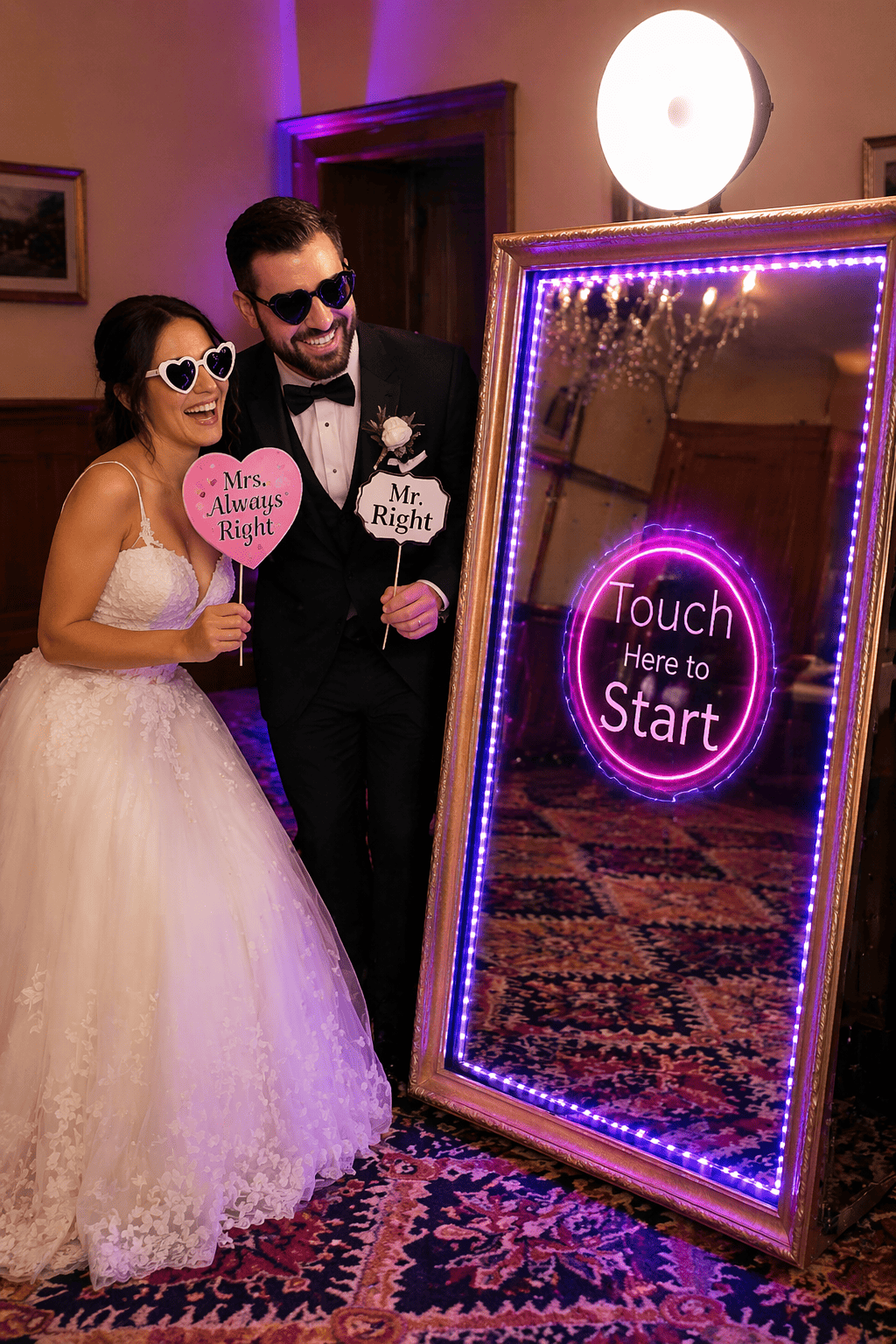 Wedding photo booth New Orleans bride and groom using mirror photo booth