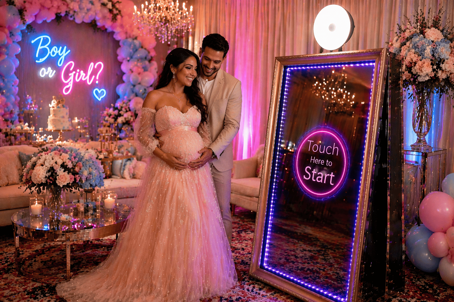 Baby shower and gender reveal photo booth New Orleans mirror booth celebration with family