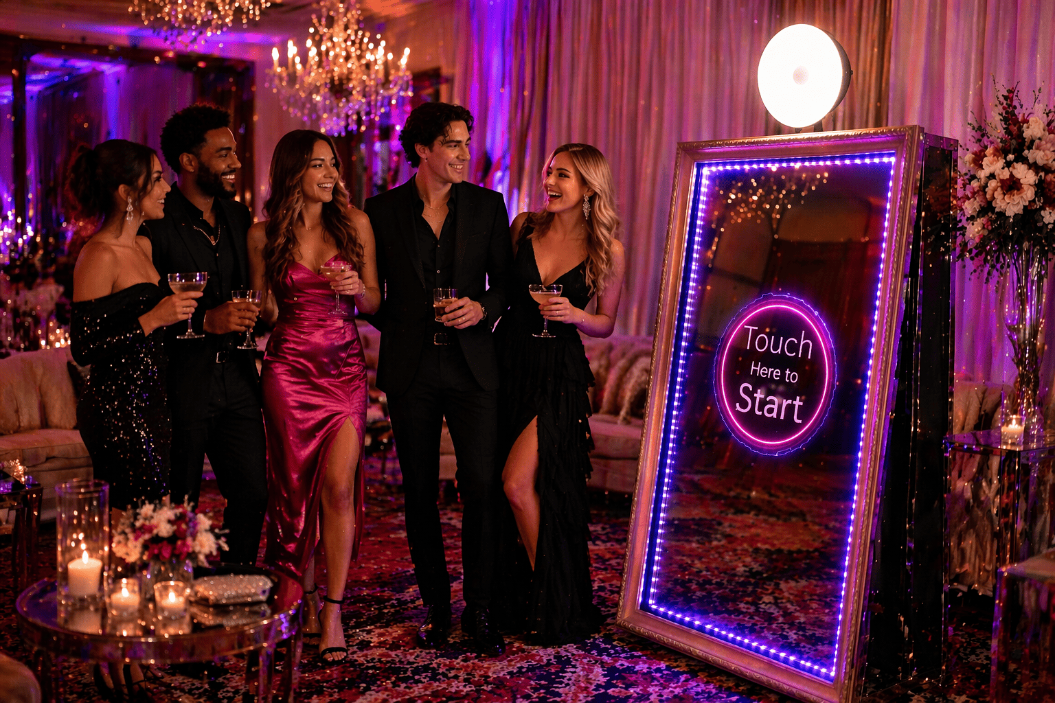 Private party photo booth New Orleans guests enjoying mirror photo booth experience